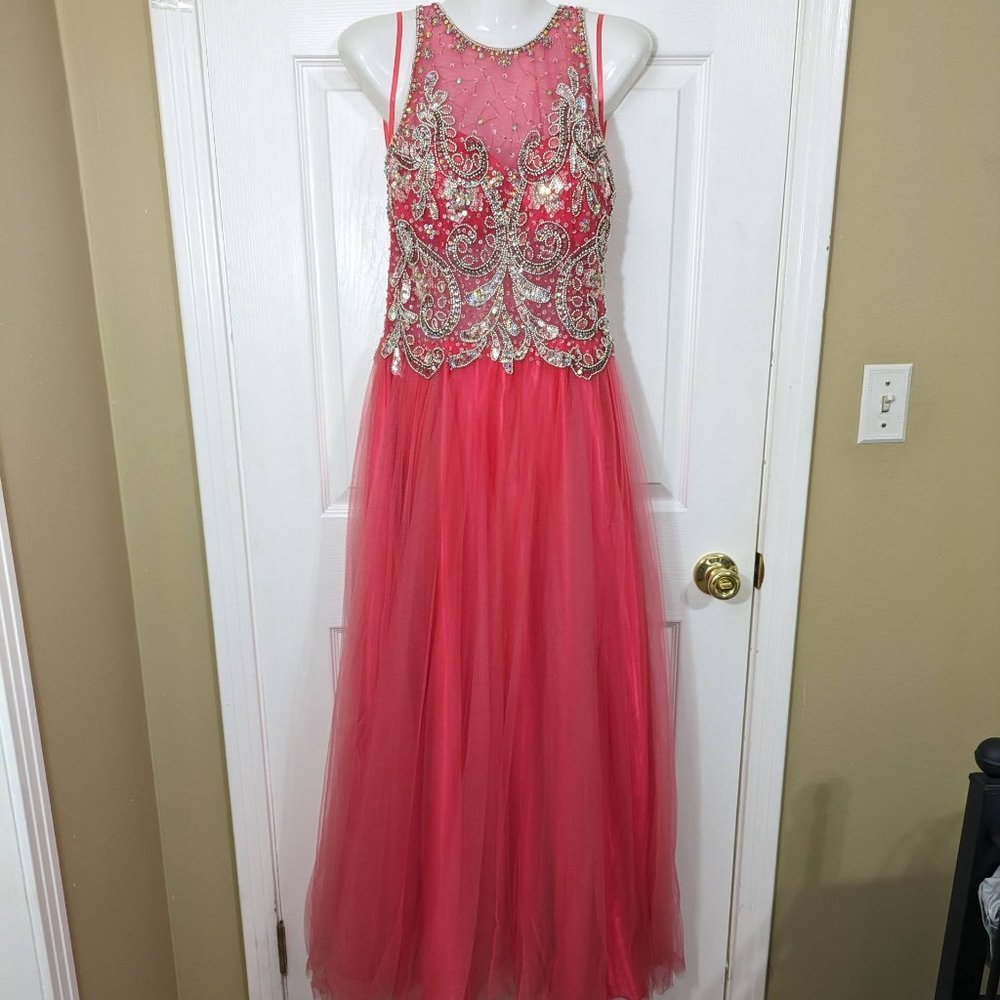 Dave & Johnny Pink Rhinestone Sequin Sleeveless Tulle Skirt Maxi Dress - 7/8*